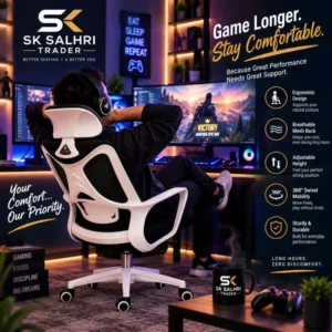 AeroFlex Ergo Gaming Chair for Long Hour Seating, with Black and White Color Combination, Height Adjustable, Back and Forth movement, 360 Rotation,