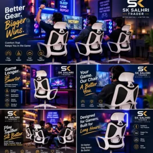 AeroFlex Ergo Gaming Chair for Long Hour Seating, with Black and White Color Combination, Height Adjustable, Back and Forth movement, 360 Rotation,